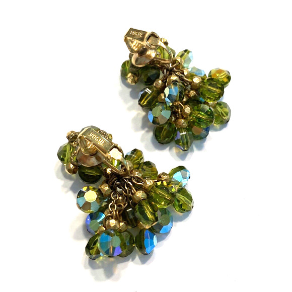 Vogue Clip On Earrings Drop Dangle Bead Clusters AB Green Blue Gold Mid Century - Picture 5 of 10